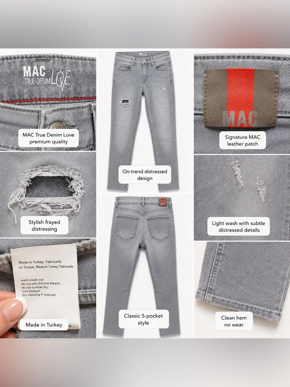 MAC Angela Gray Distressed Skinny Jeans 34/32 Premium European Denim